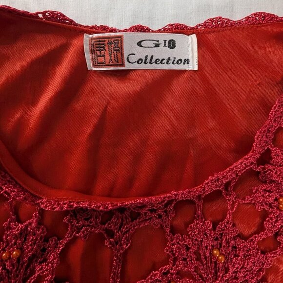Y2k Red Crochet Layered Crop Sheer Sleeve Satin and Knit Top - Picture 5 of 5